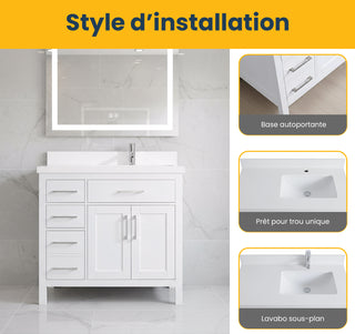 Meuble-Lavabo Autoportant 36po Blanc avec Comptoir de Quartz Blanche Neige