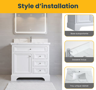 36" White Freestanding Single Sink Bathroom Vanity with Calcutta Quartz Countertop