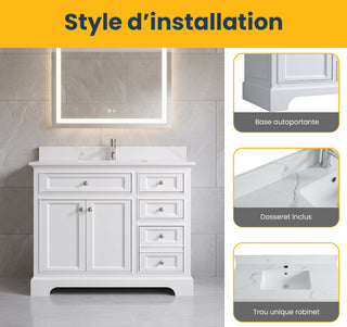 42" White Freestanding Single Sink Bathroom Vanity with Engineered Calcutta Marble Countertop