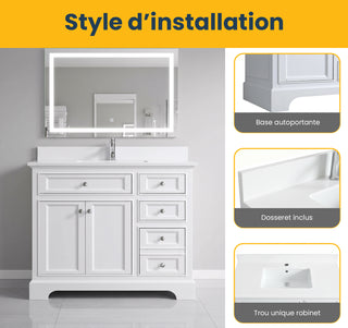 42" White Freestanding Bathroom Vanity with Solid White Quartz Countertop