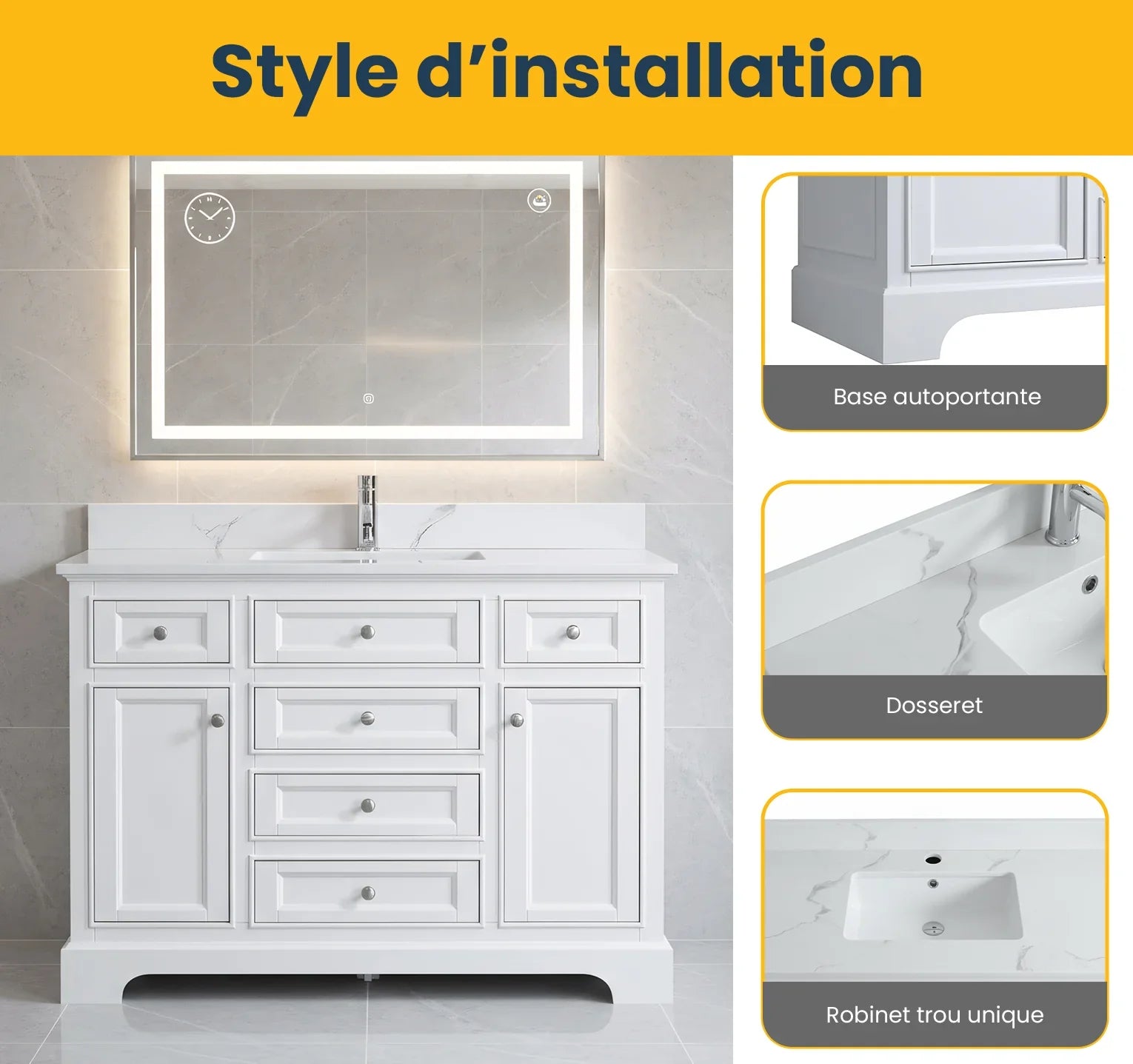 48" White Freestanding Bathroom Vanity with Engineered Calcutta Marble Countertop