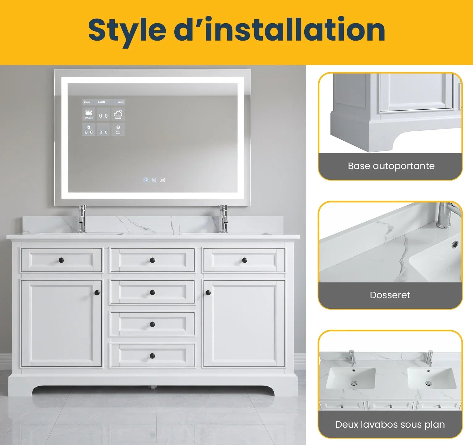 60" White Freestanding Double Sink Bathroom Vanity with Engineered Calcutta Marble Countertop