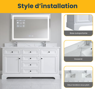 60" White Freestanding Double Sink Bathroom Vanity with Engineered Calcutta Marble Countertop