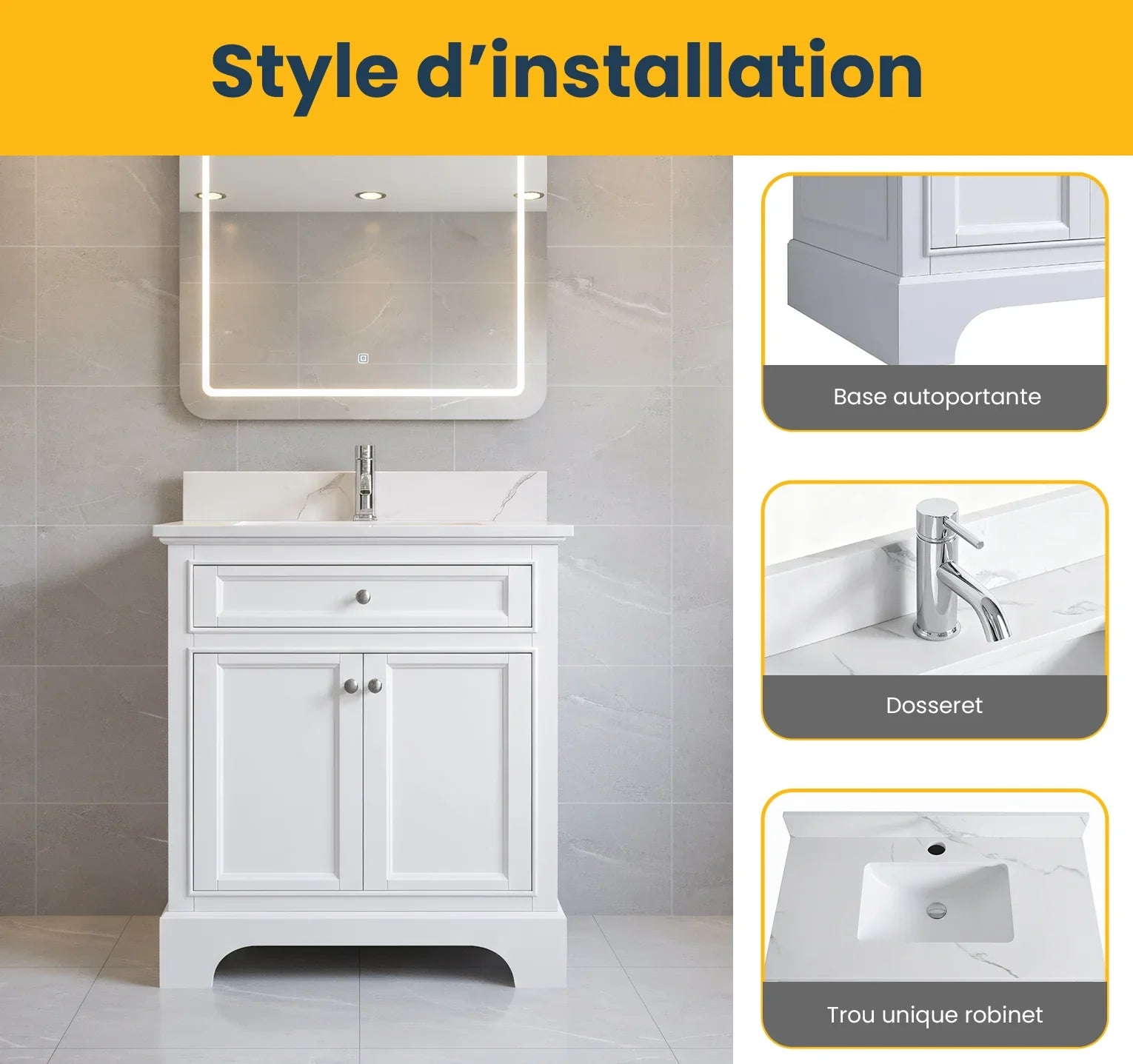 Meuble-lavabo de salle de bain autoportant blanc 30" avec Comptoir en marbre Calcutta reconstitué