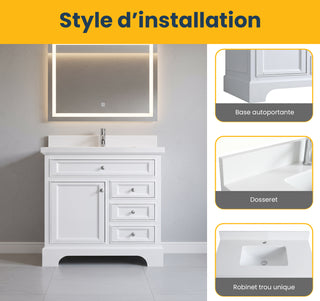 36" White Freestanding Single Sink Bathroom Vanity with Snow White Countertop