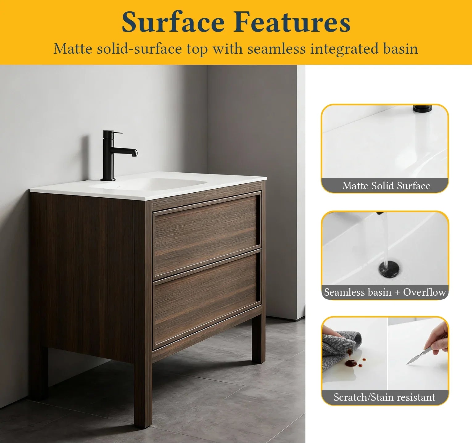 Meuble-Lavabo Autoportant 48po Chêne Fumé avec Comptoir de Surface Solide Blanc