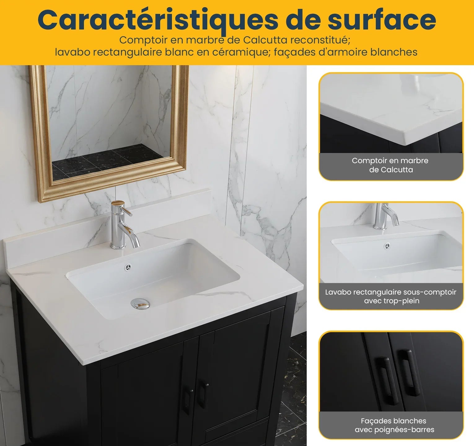 Meuble-Lavabo Autoportant 30po Noir avec Comptoir de Polymarbre Ingénierie Calcutta