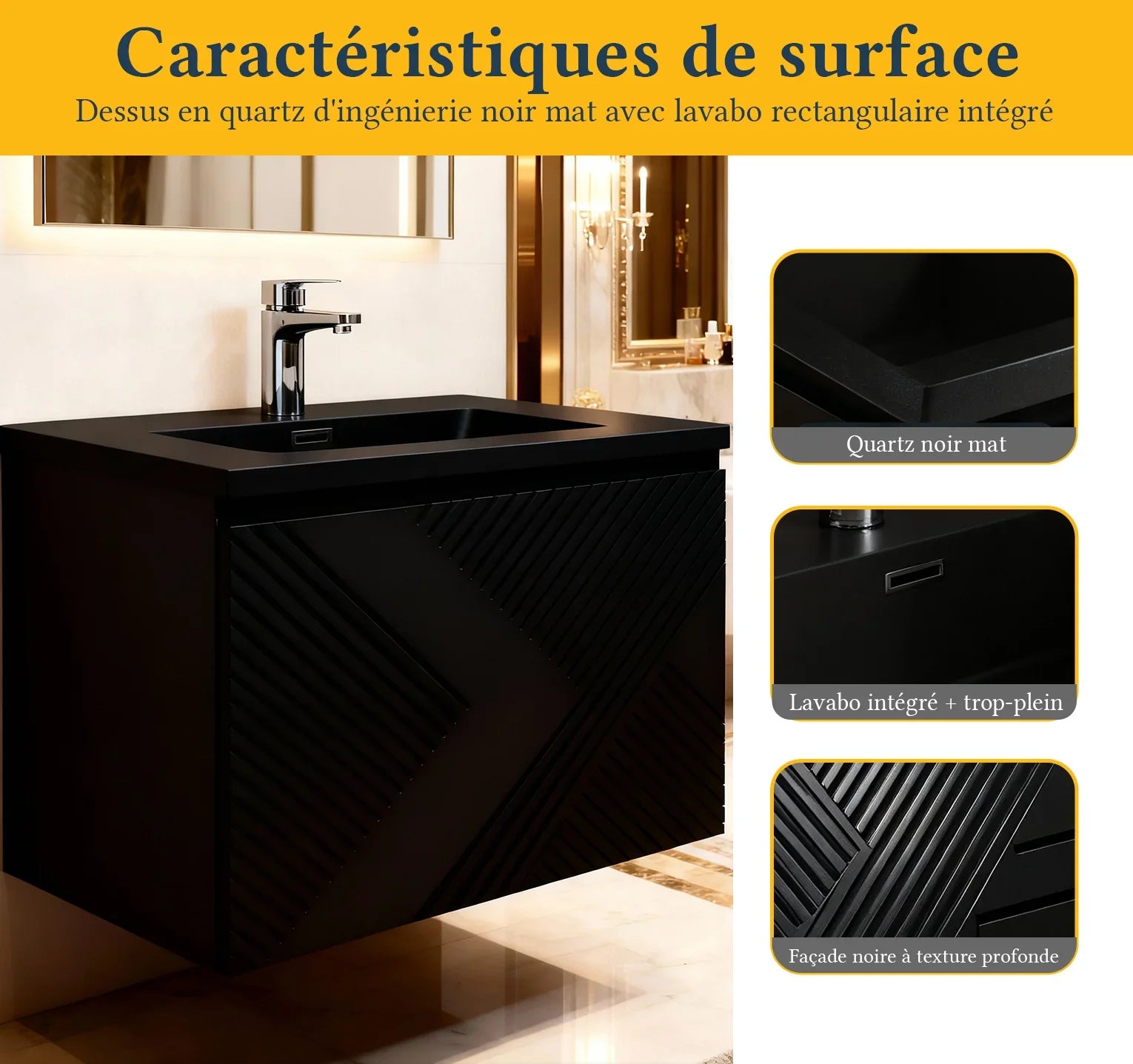 Meuble-lavabo mural noir 36" avec Comptoir en quartz noir conçu Roxboro