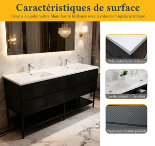 Meuble-lavabo double noir de 72" à fixer au mur avec Comptoir en polymarbre blanc