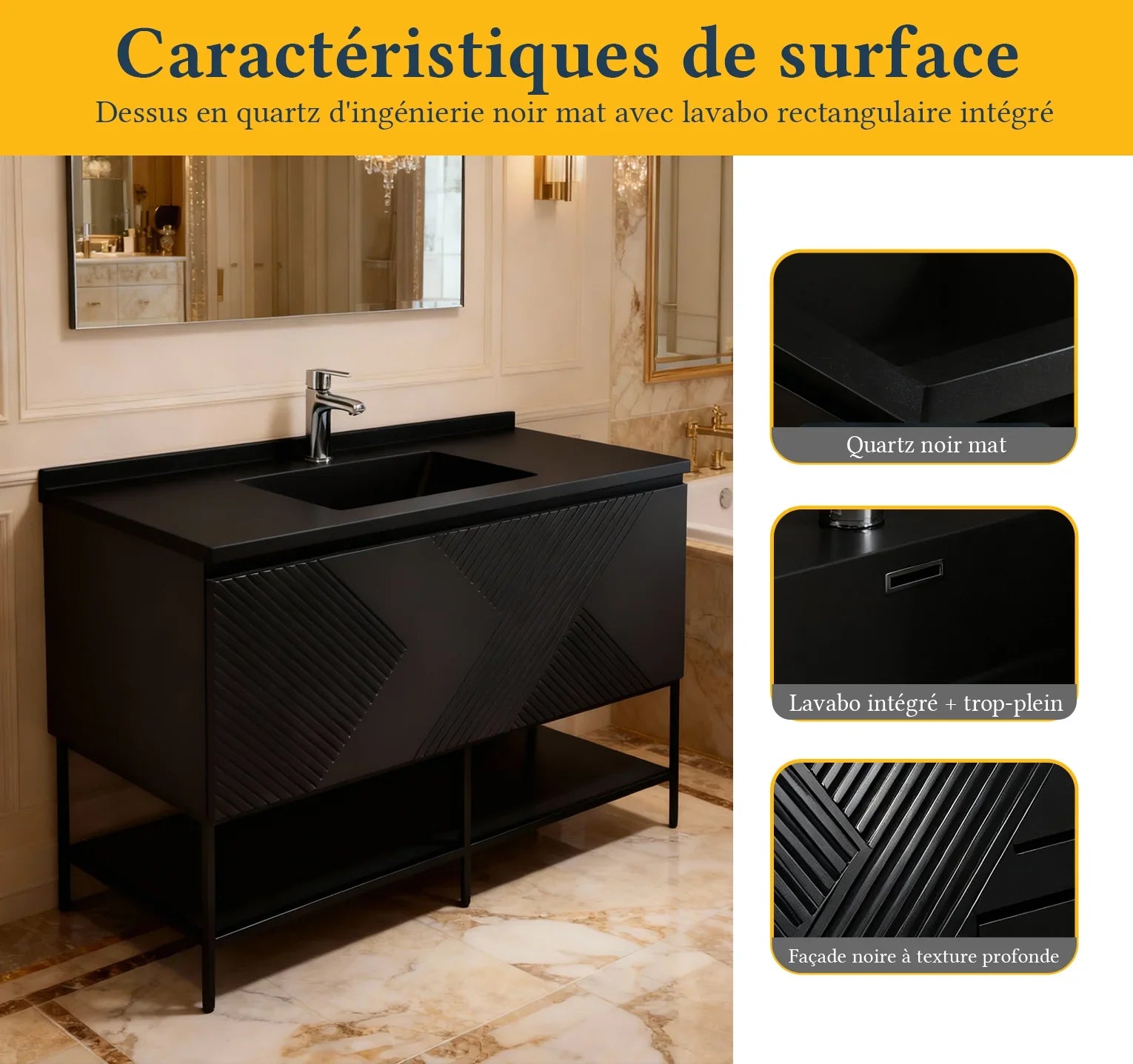 Meuble-Lavabo Mural 48po Noir avec Comptoir de Quartz d'ingénierie Noir