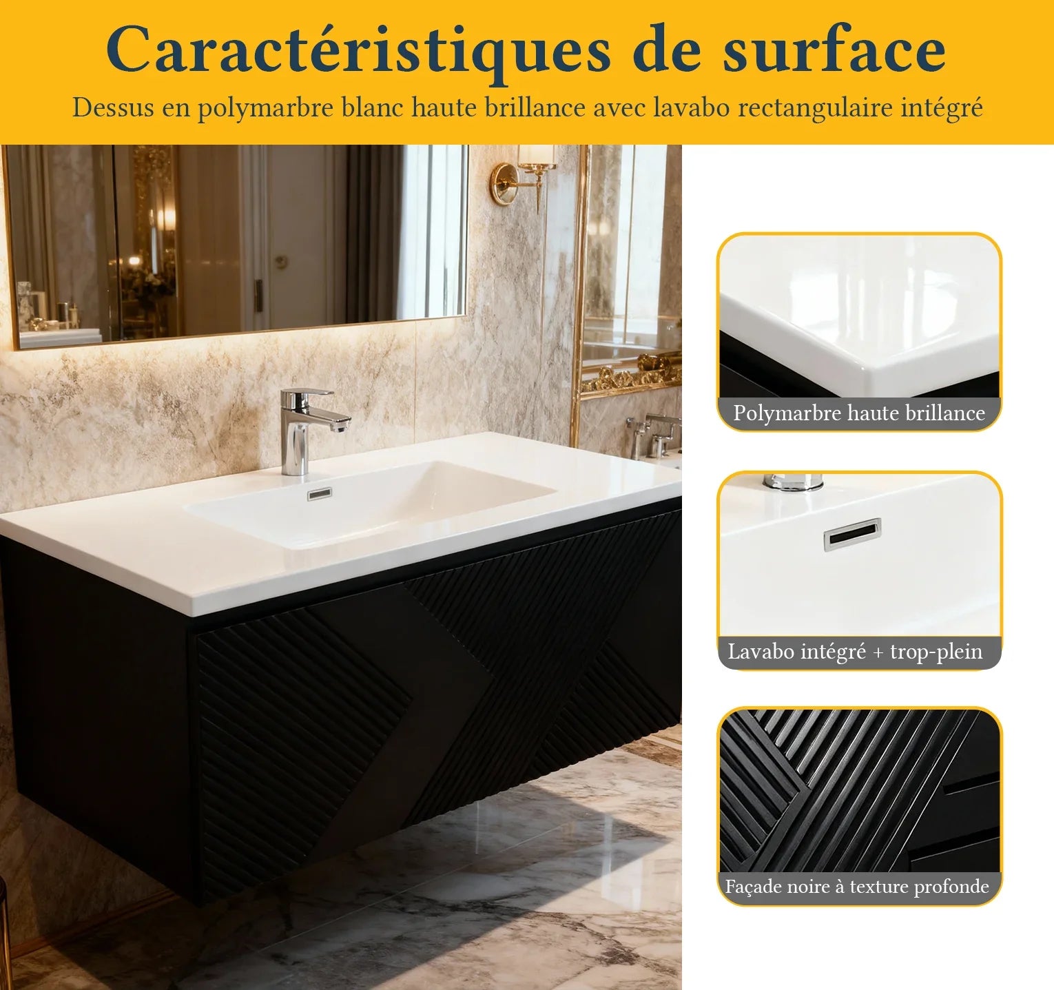 40" Black Wall Mount Bathroom Vanity with White Polymarble Countertop Roxboro