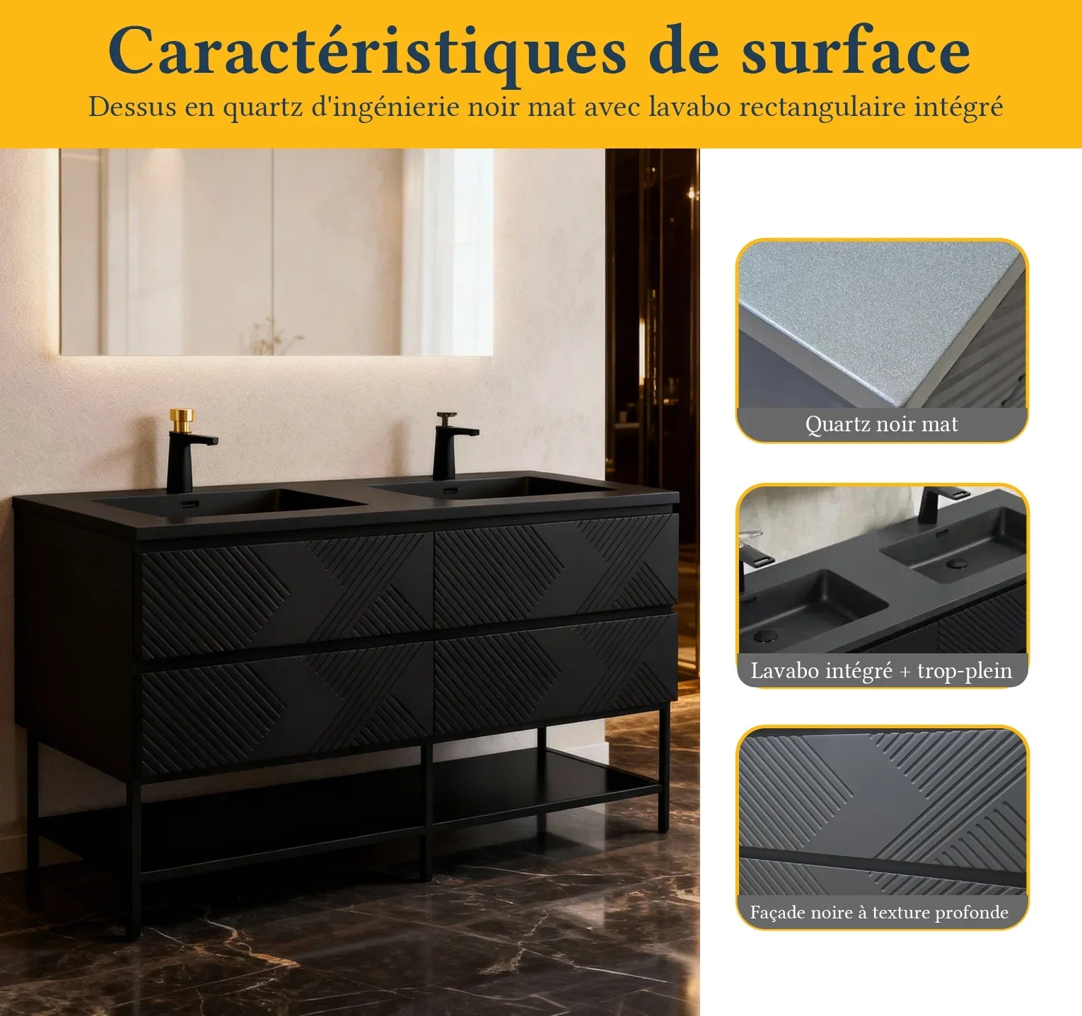 Meuble-lavabo mural noir 60" avec Comptoir en quartz technique noir