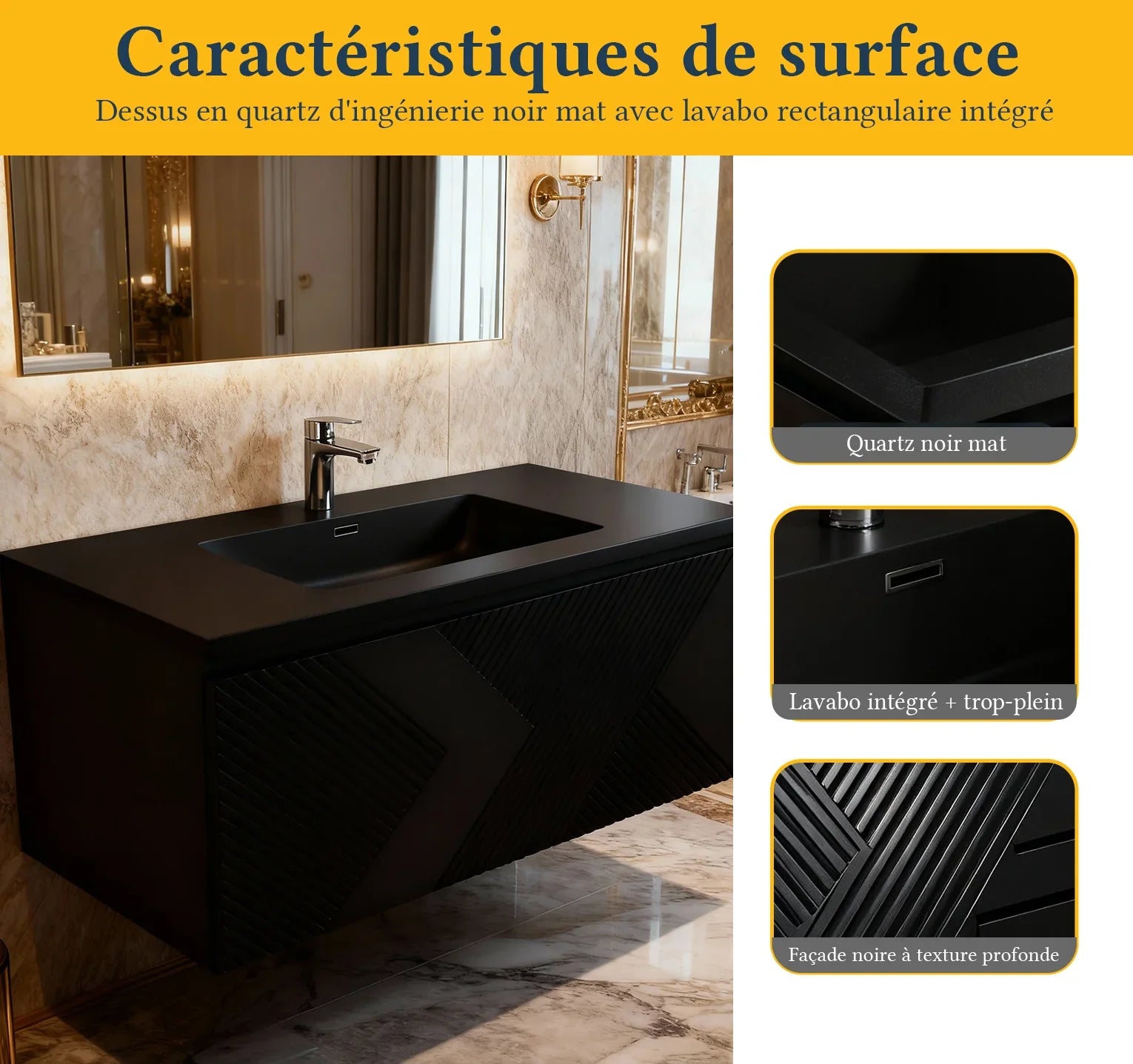 40" Black Wall Mount Bathroom Vanity with Black Engineered Quartz Countertop Roxboro
