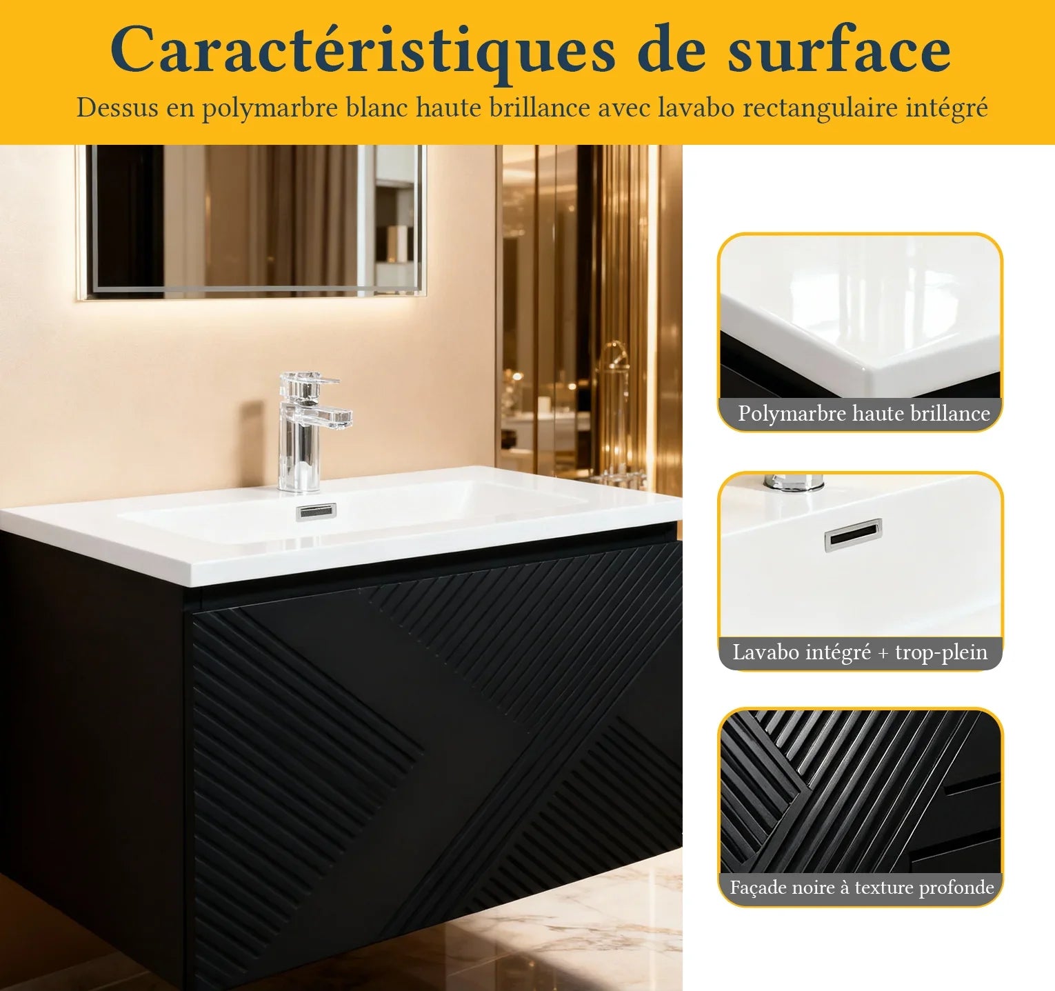 30" Black Wall Mount Bathroom Vanity with White Polymarble Countertop