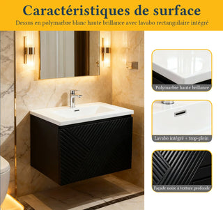 Meuble-lavabo mural noir 24" avec Comptoir en polymarbre blanc