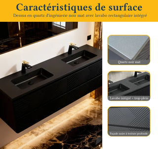 Meuble-Lavabo Double Mural 72po Noir avec Comptoir de Quartz d'ingénierie Noir