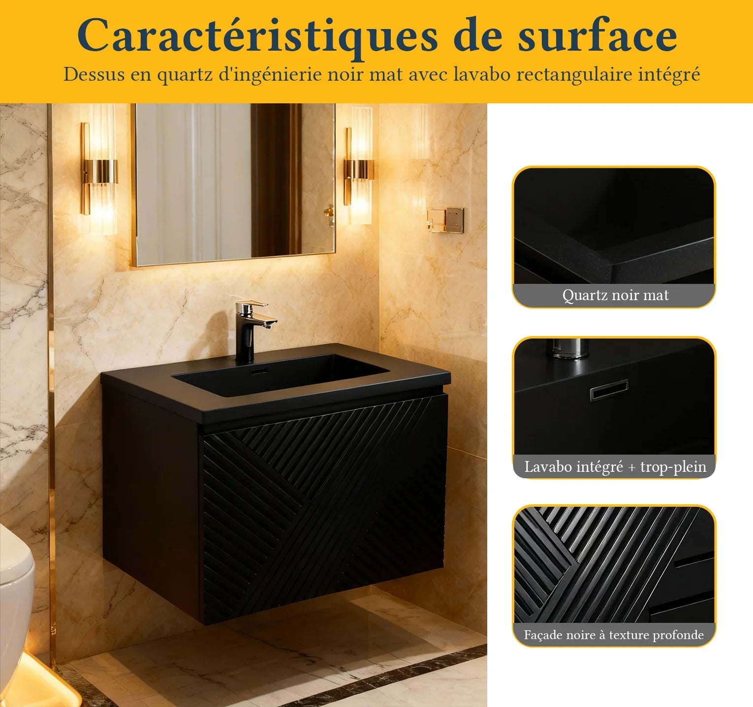 Meuble-Lavabo Mural 24po Noir avec Comptoir de Quartz d'ingénierie Noir