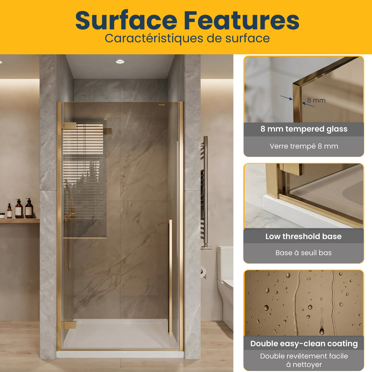 33,9po–34,3po L (largeur ajustable) x 79po H Porte de douche pivotante réversible sans cadre en or brossé avec verre teinté brun et base acrylique blanche