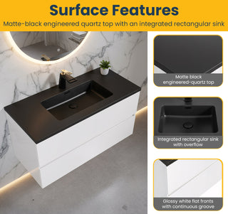 40" White Wall Mount Bathroom Vanity with Black Engineered Quartz Countertop