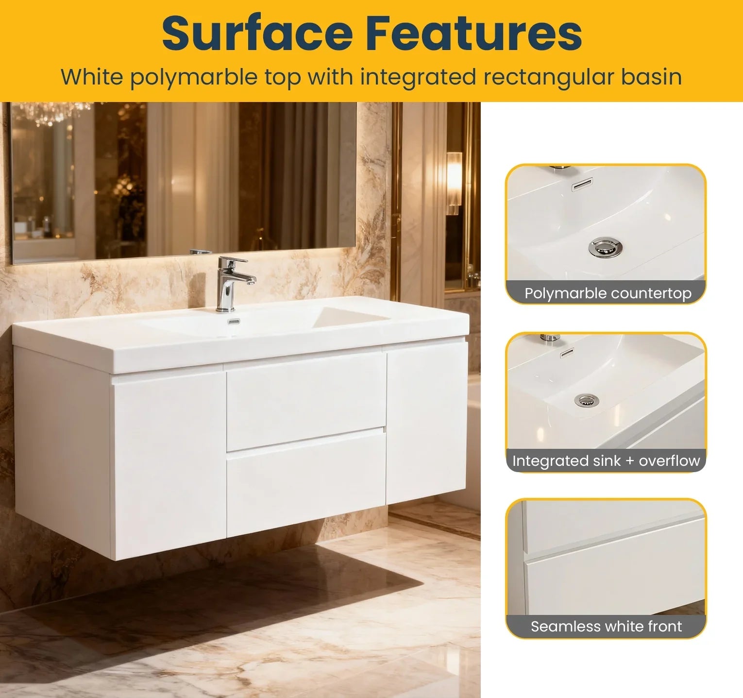 48" Glossy White Wall Mount Single Sink Bathroom Vanity with White Polymarble Countertop