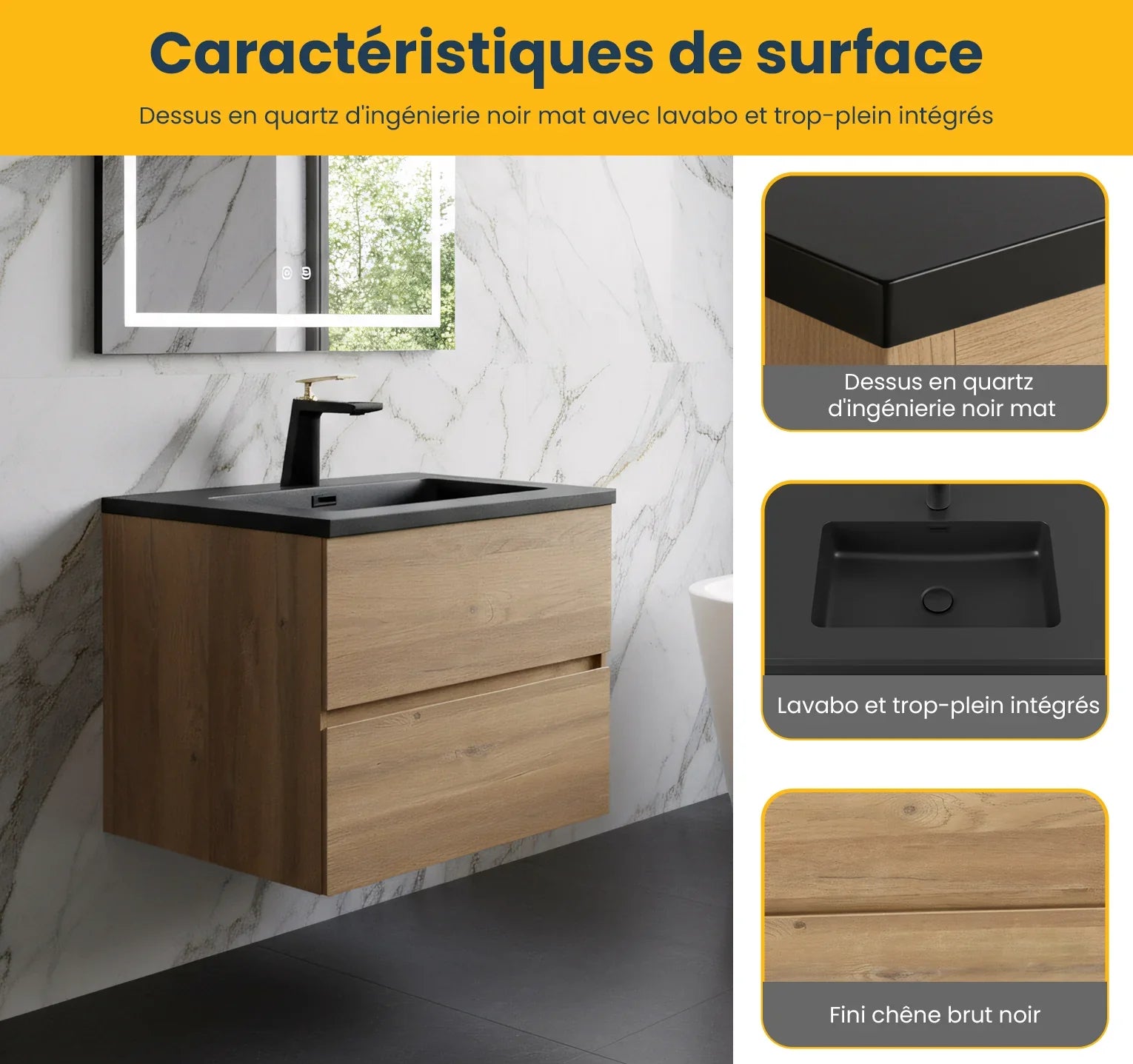 Meuble-Lavabo Mural 24po Chêne Brut avec Comptoir de Quartz d'ingénierie Noir