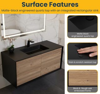 48" Black & Rough Oak Wall Mount Single Sink Bathroom Vanity with Black Engineered Quartz Countertop