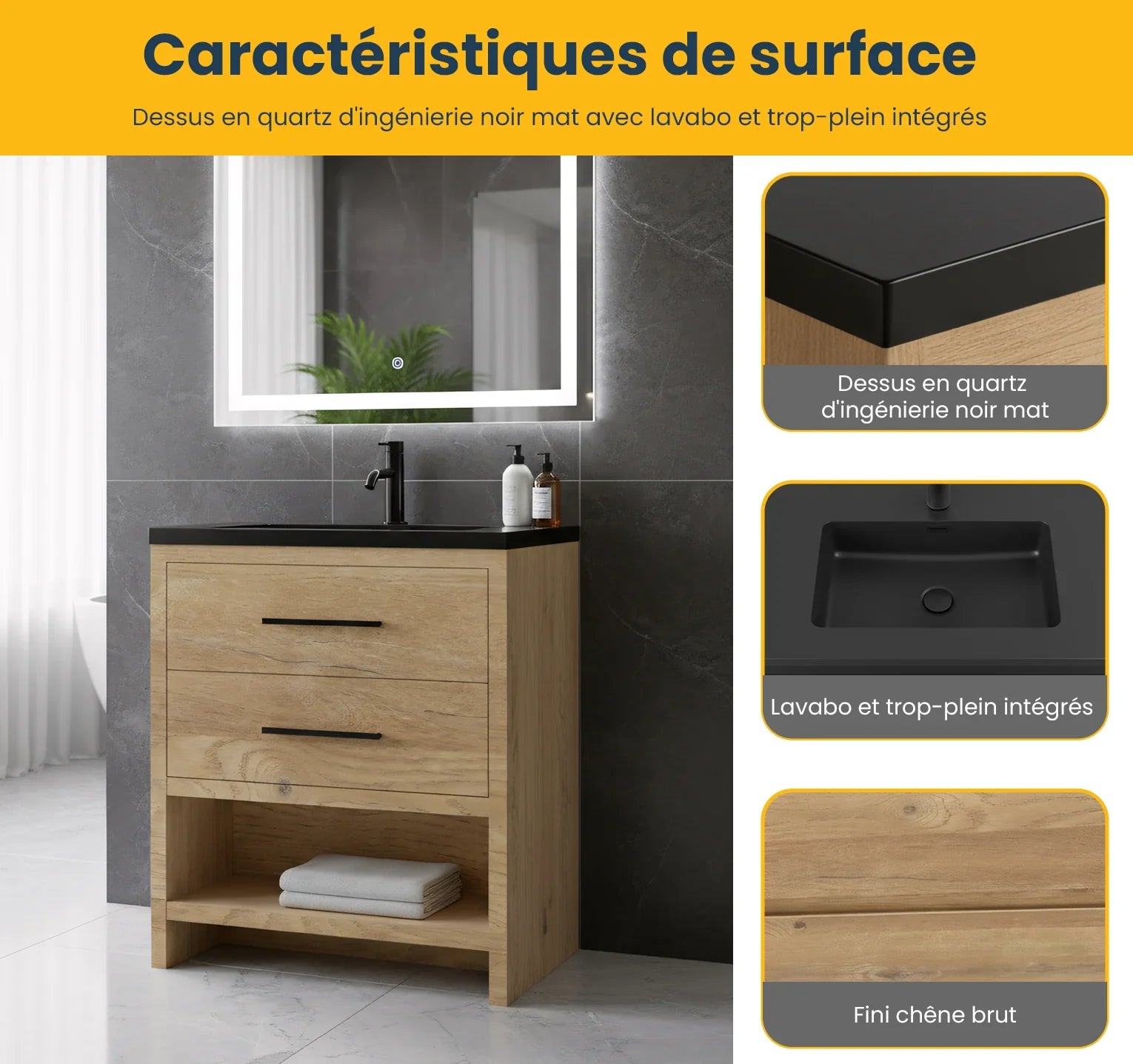 30" Rough Oak Freestanding Bathroom Vanity with Black Engineered Quartz Countertop