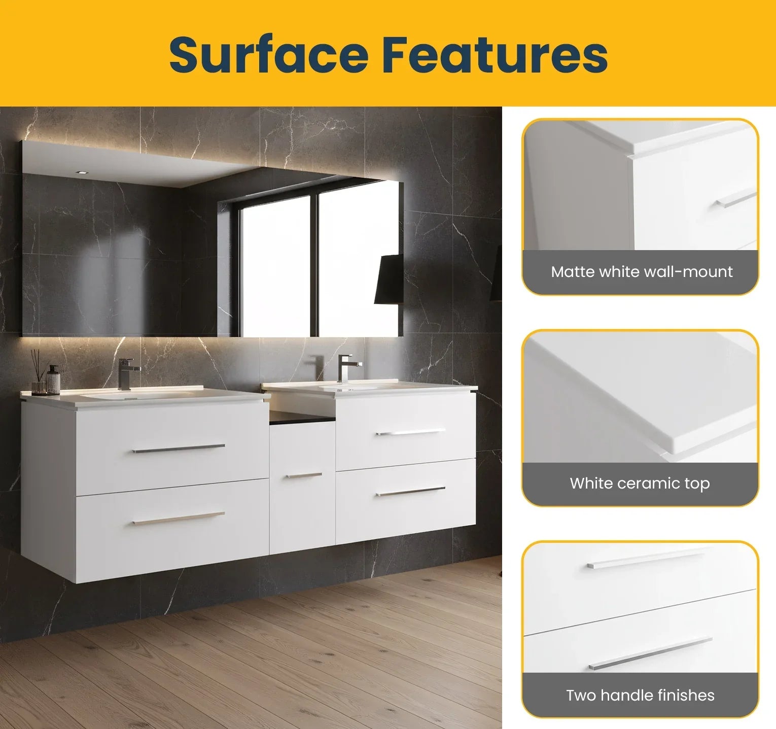 Meuble-Lavabo Mural 72po Blanc Mat avec Comptoir de Céramique Blanc