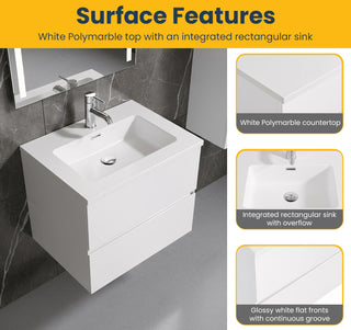 Meuble-Lavabo Mural 24po Blanc avec Comptoir de Polymarbre Blanc