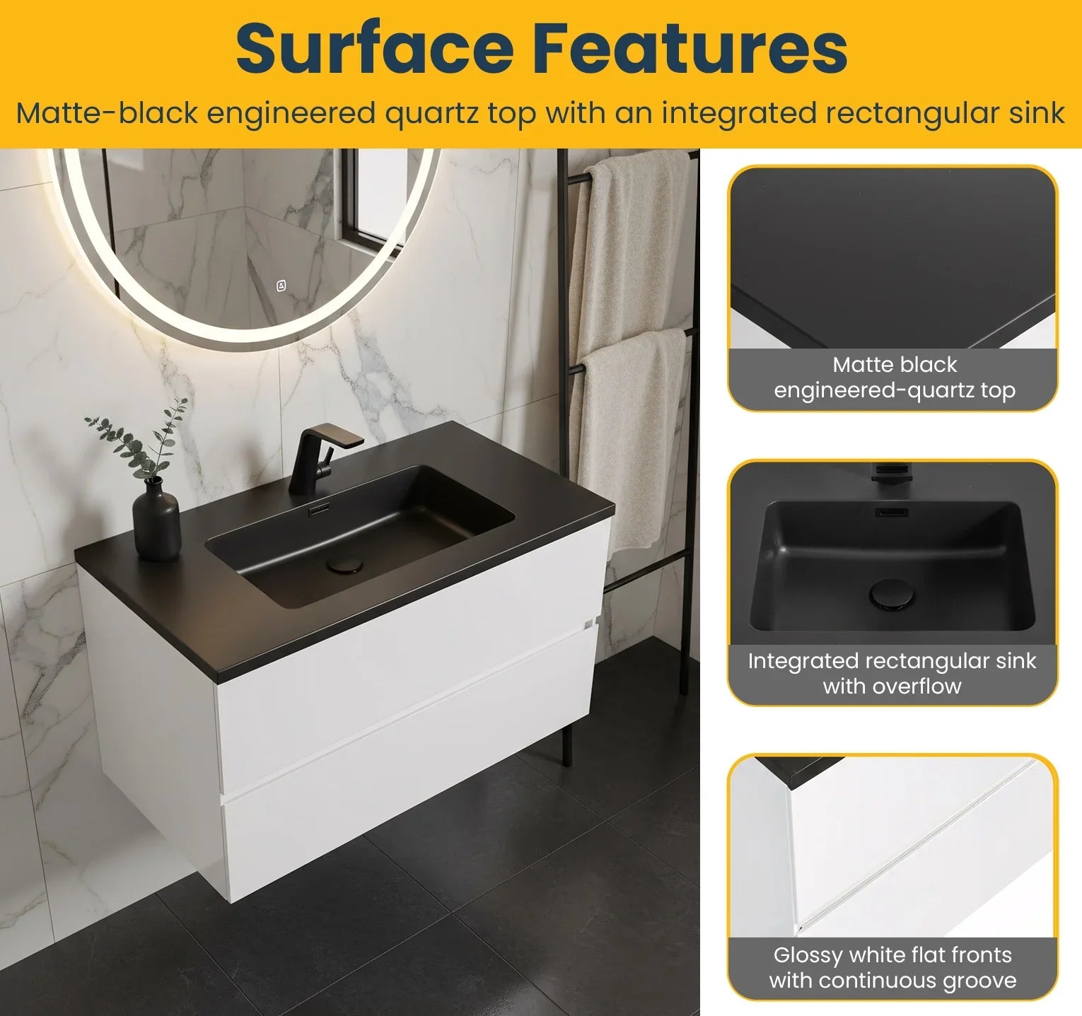 36" White Wall Mount Bathroom Vanity with Black Engineered Quartz Countertop