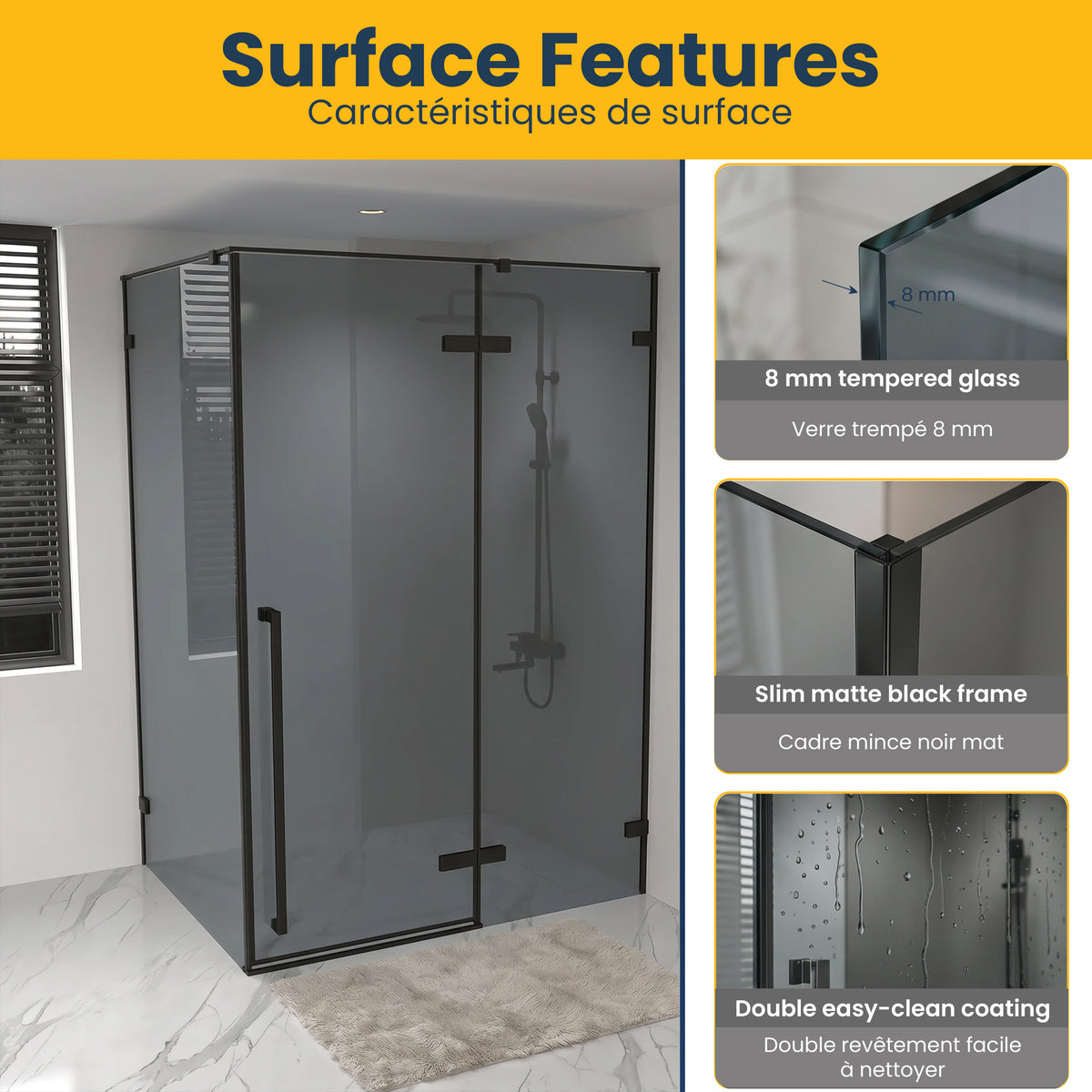 57.6"–58" W (Adjustable Width) x 79" H Frameless Reversible Pivot Shower Door in Matte Black with 34.1"–34.5" Black Tinted Glass Side Panel