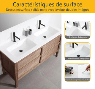 60" Natural Walnut Freestanding Double Sink Bathroom Vanity with White Solid Surface Countertop