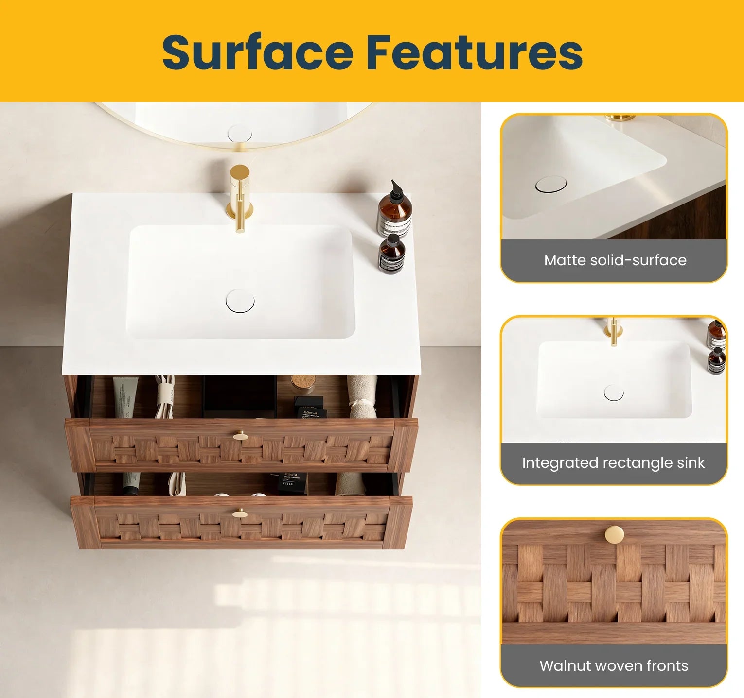 Meuble-lavabo mural 30po en noyer naturel avec comptoir en surface solide blanc mat