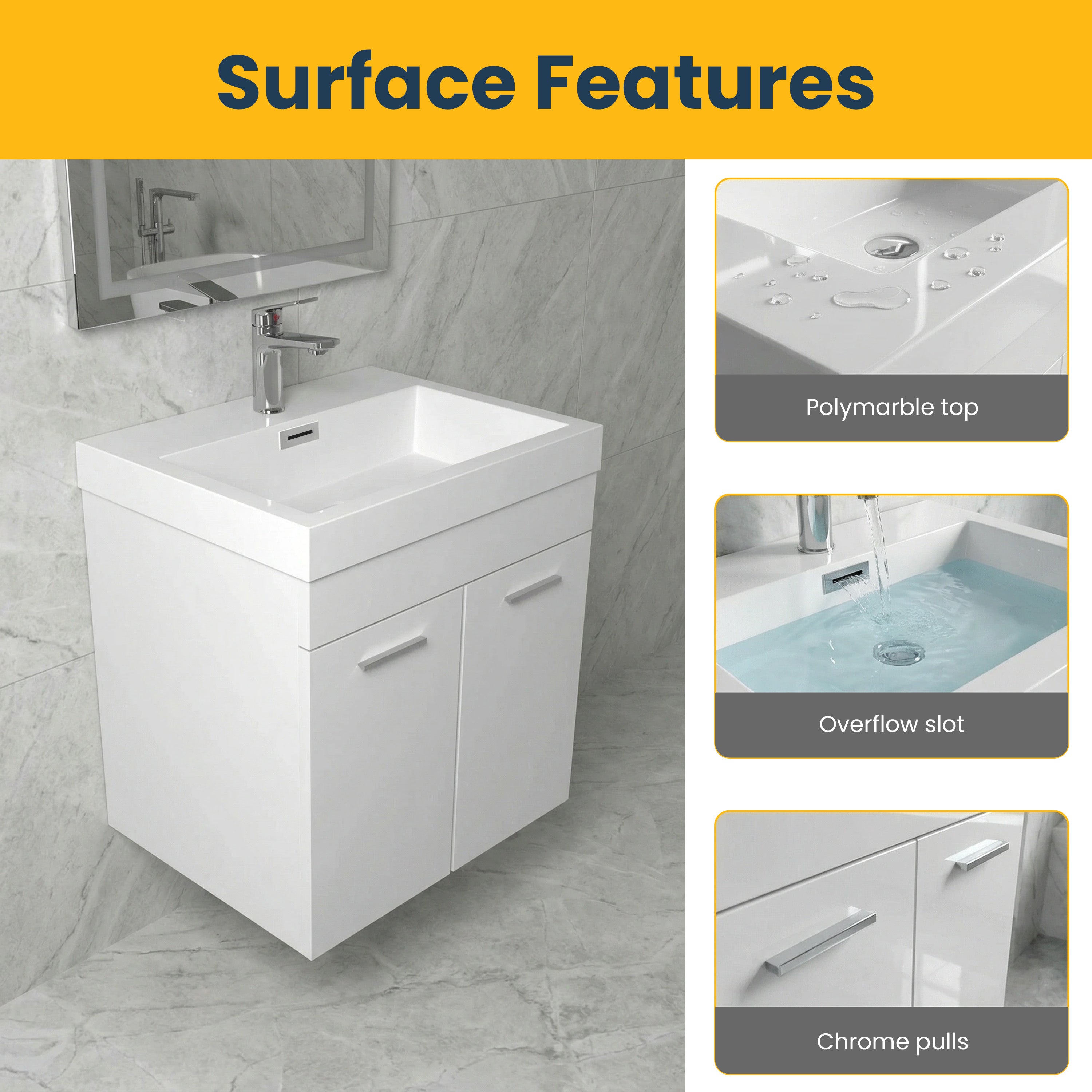 20" White Wall-Mount Single Sink Bathroom Vanity with White Polymarble Countertop