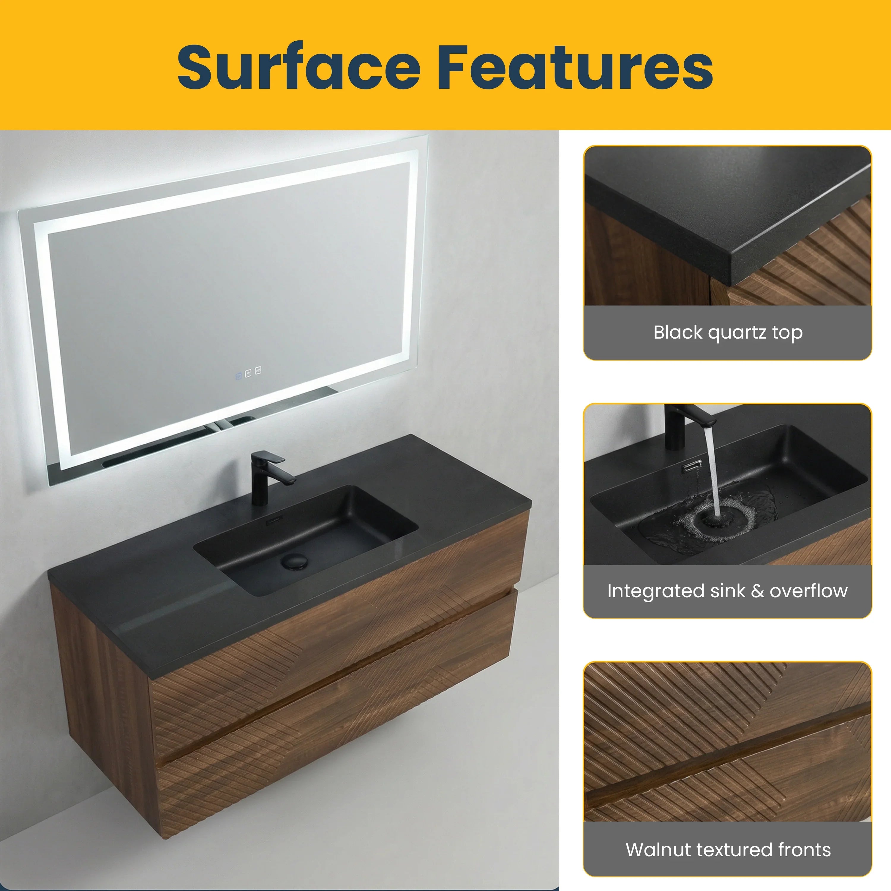 48" Walnut Wall Mount Single Sink Bathroom Vanity with Black Engineered Quartz Countertop