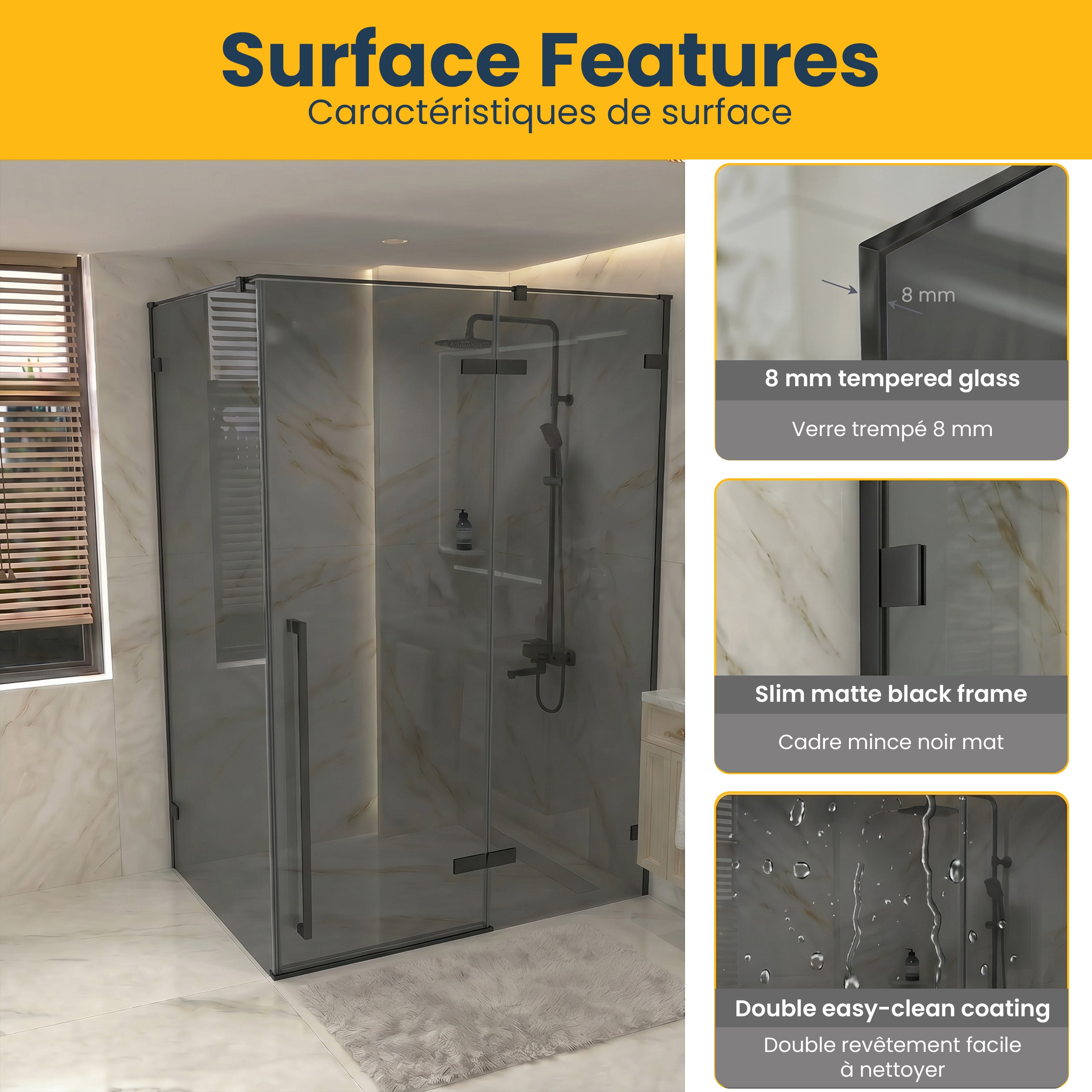 57,6po–58po L (largeur ajustable) x 79po H Porte de douche pivotante réversible sans cadre en noir mat avec panneau latéral 34,1po–34,5po en verre teinté noir