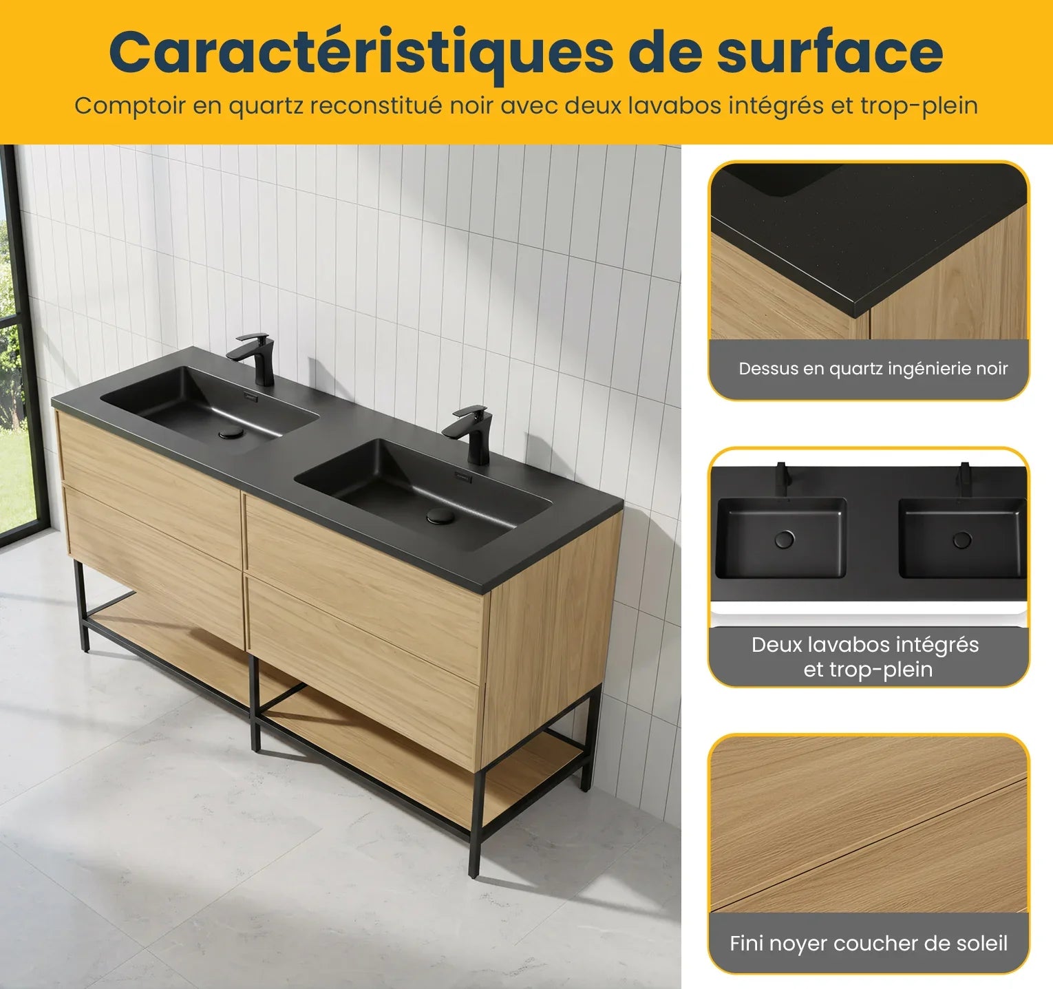 60" Sunset Walnut Wall Mount Double Sink Bathroom Vanity with Black Engineered Quartz Countertop