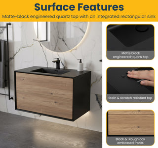 Meuble-Lavabo Mural 36po Noir et Chêne Brut avec Comptoir de Quartz d'ingénierie Noir