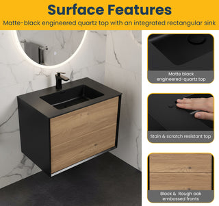 30" Black & Rough Oak Wall Mount Vanity with Black Engineered Quartz Countertop