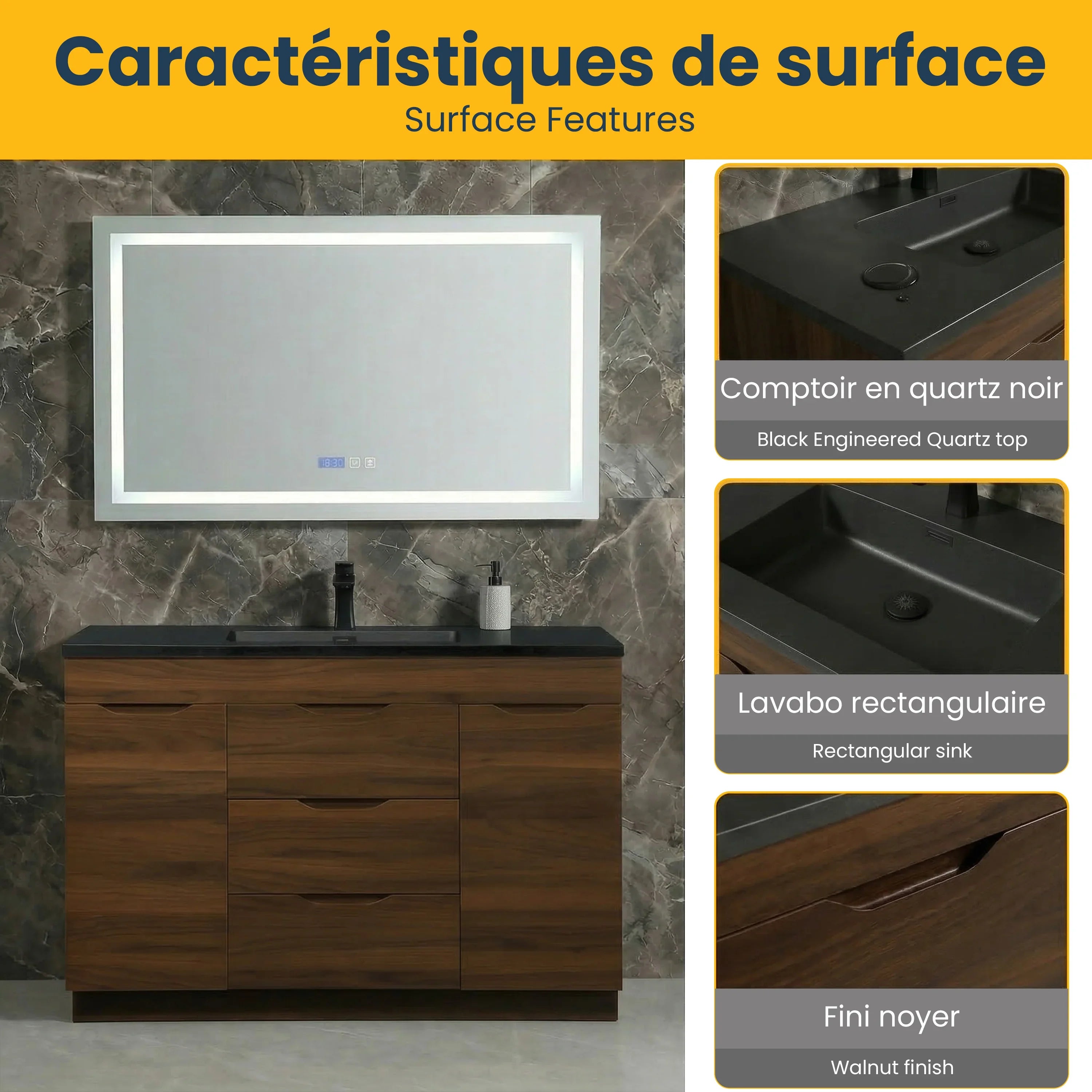 48" Walnut Freestanding Bathroom Vanity with Black Engineered Quartz Countertop