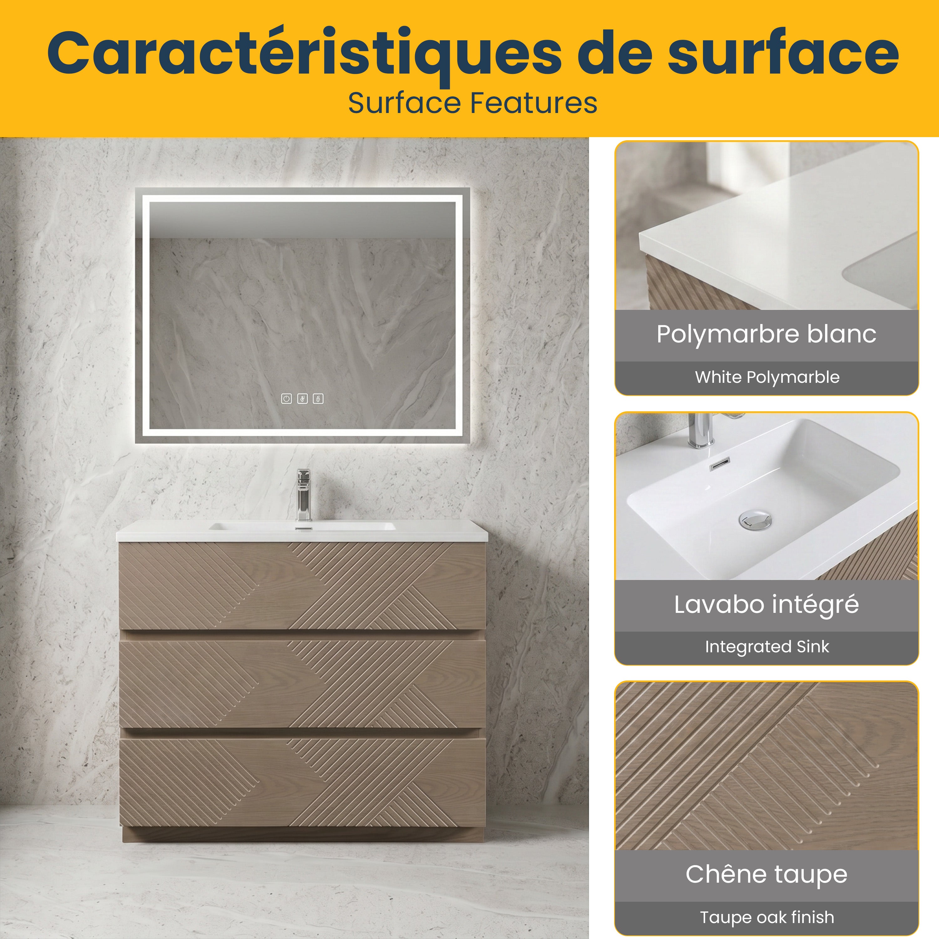 40" Taupe Oak Freestanding Vanity with White Polymarble Countertop