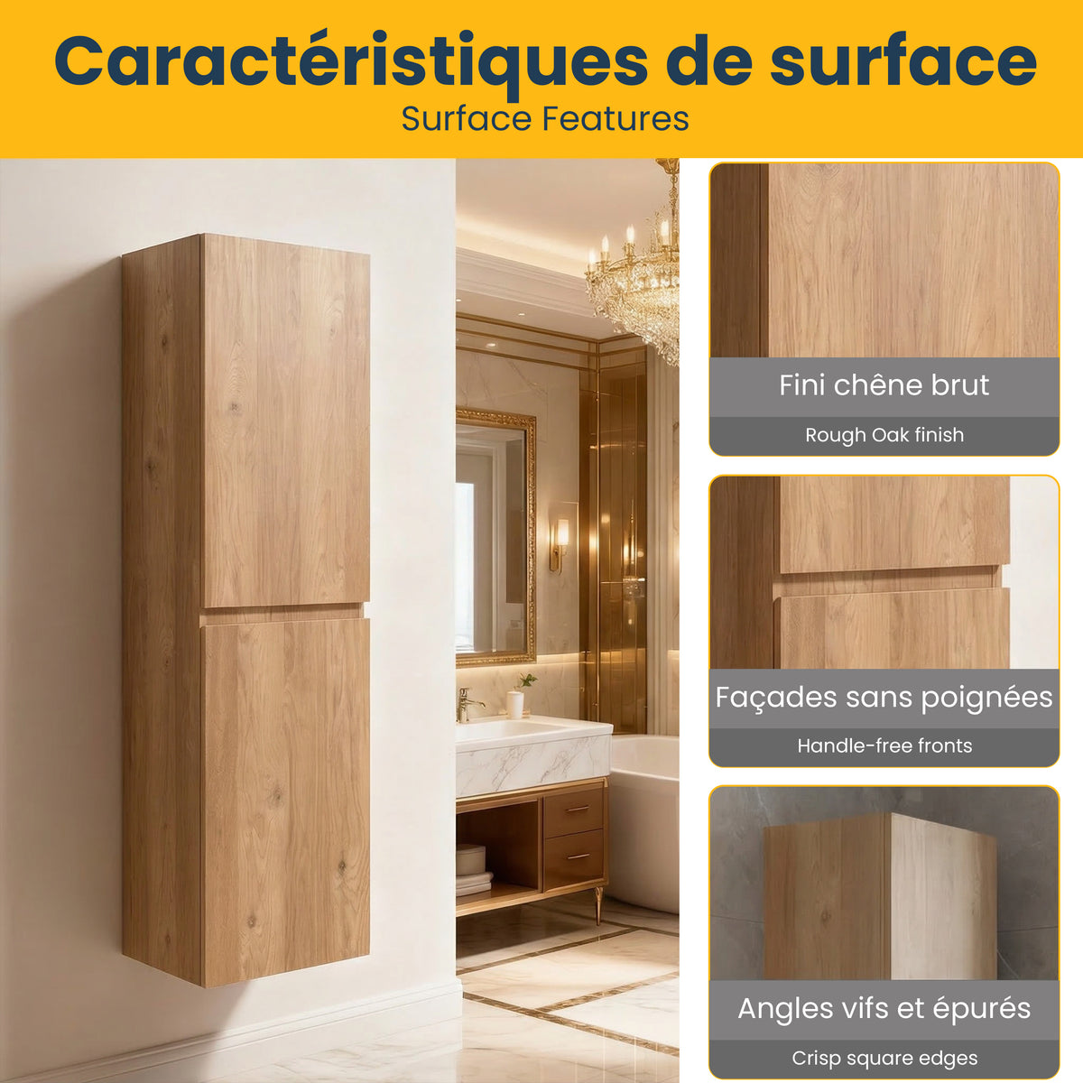 Armoire à linge suspendue murale de salle de bain - Chêne brut
