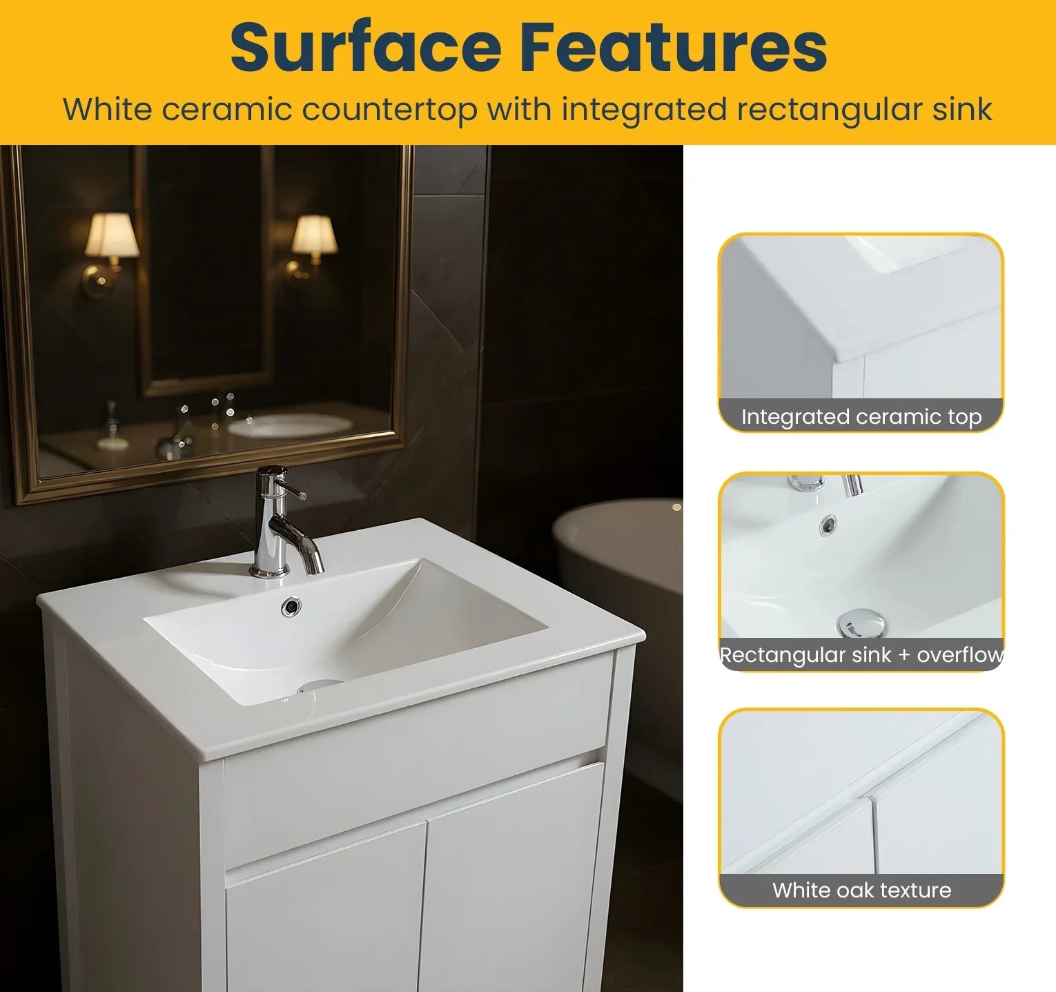 24" White Oak Freestanding Bathroom Vanity with White Ceramic Countertop