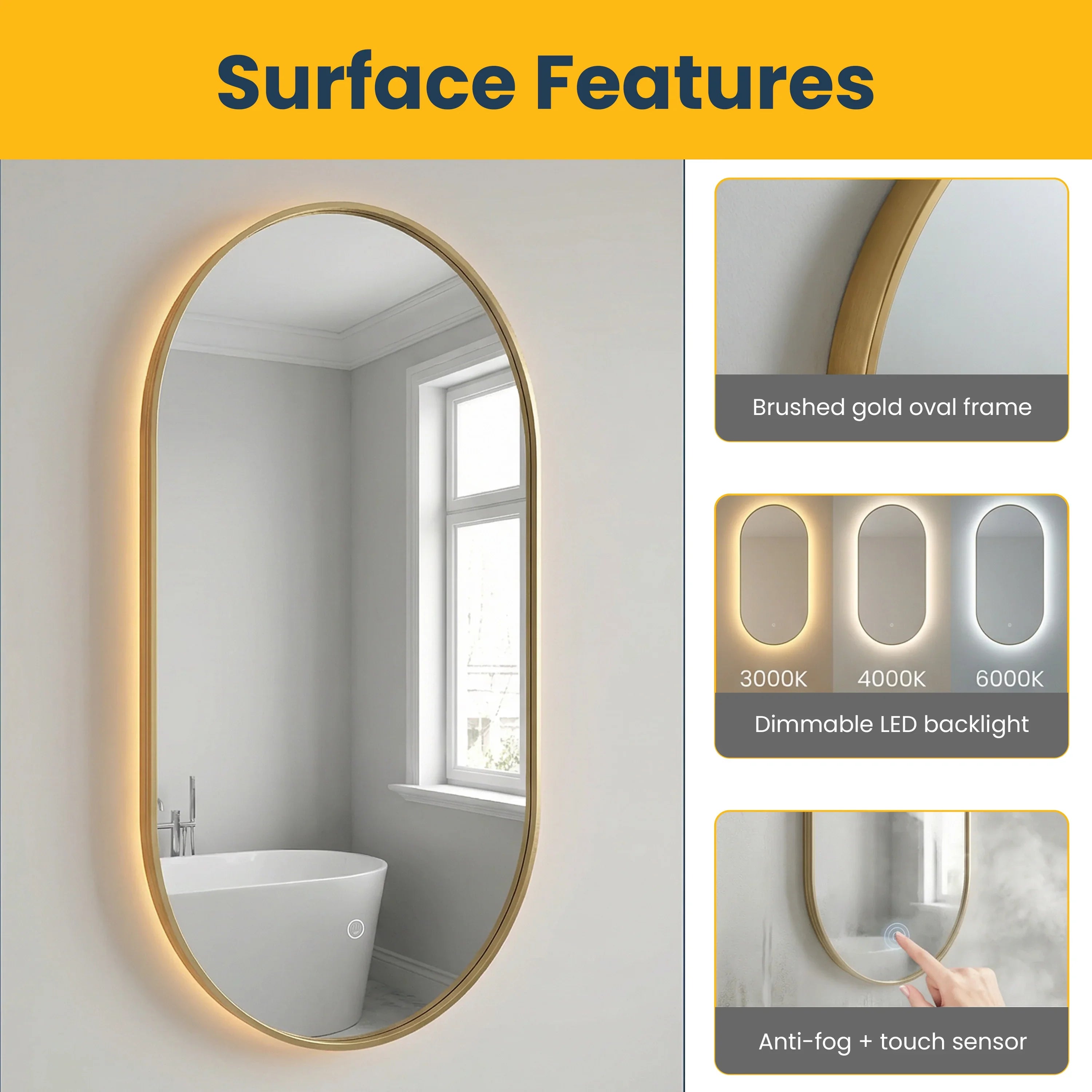 24" x 40" LED Oval Bathroom Mirror with Brushed Gold Frame