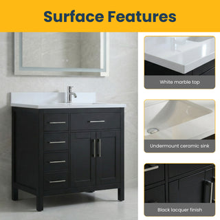 36" Black Freestanding Bathroom Vanity with Engineered White Marble Countertop