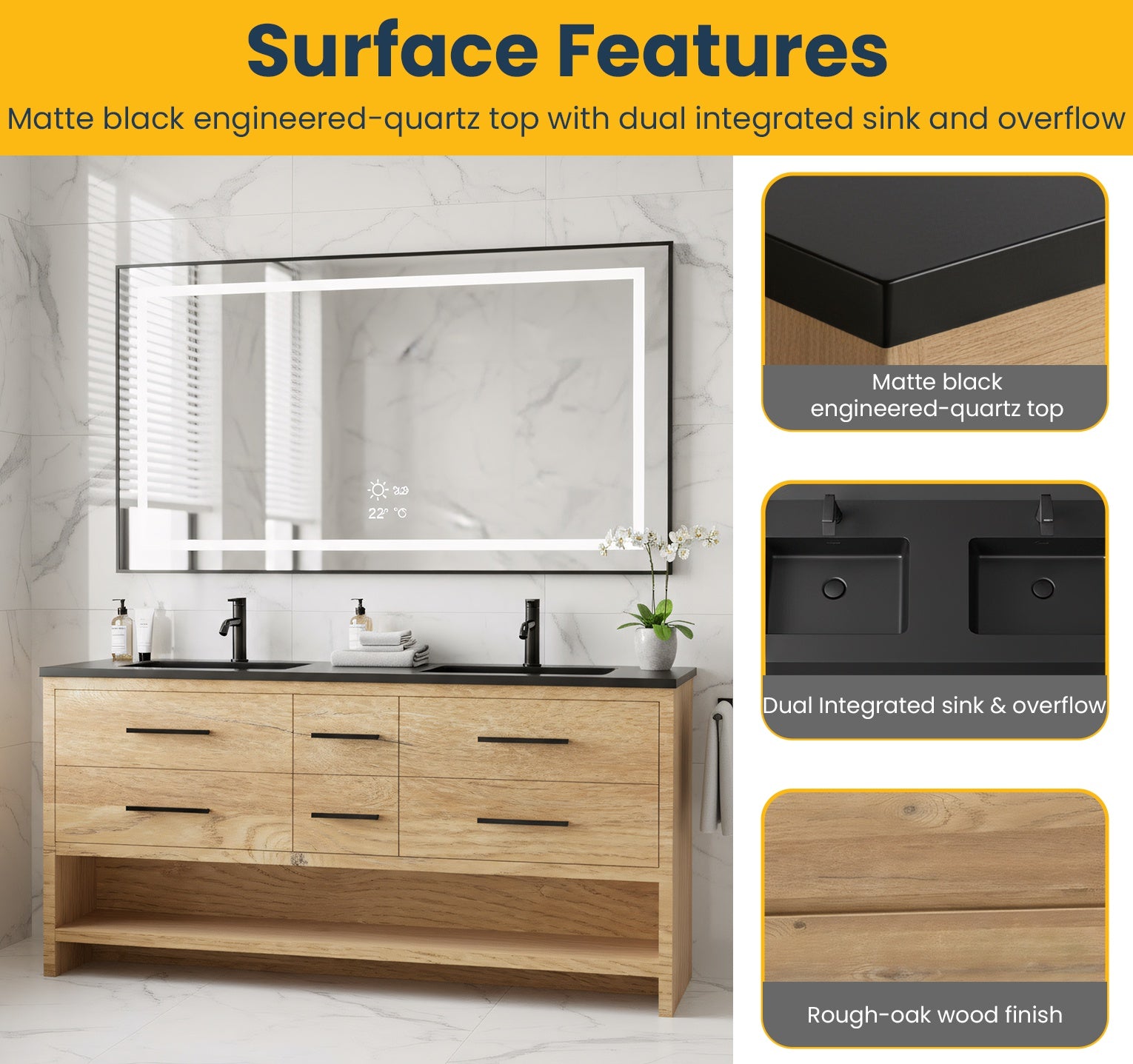 Meuble-Lavabo Autoportant 72po Chêne Brut avec Comptoir de Quartz d'ingénierie Noir