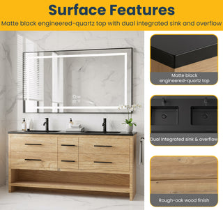 Meuble-Lavabo Autoportant 72po Chêne Brut avec Comptoir de Quartz d'ingénierie Noir