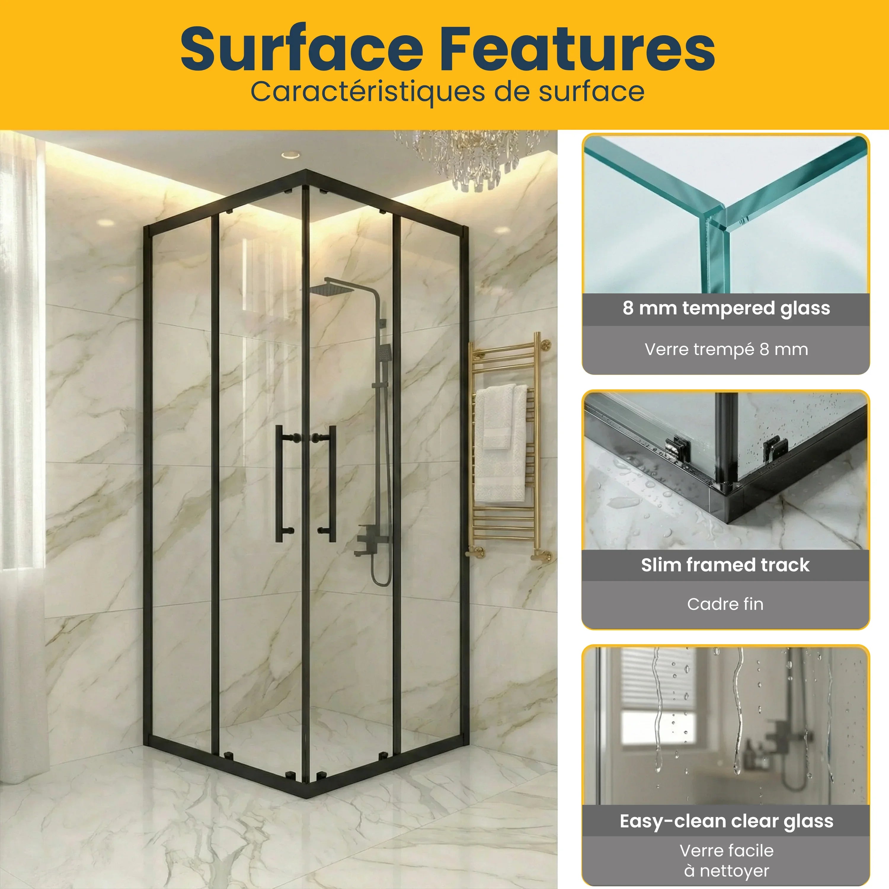 36" x 36" x 79" Reversible Corner Sliding Shower Door in Matte Black with Clear Glass