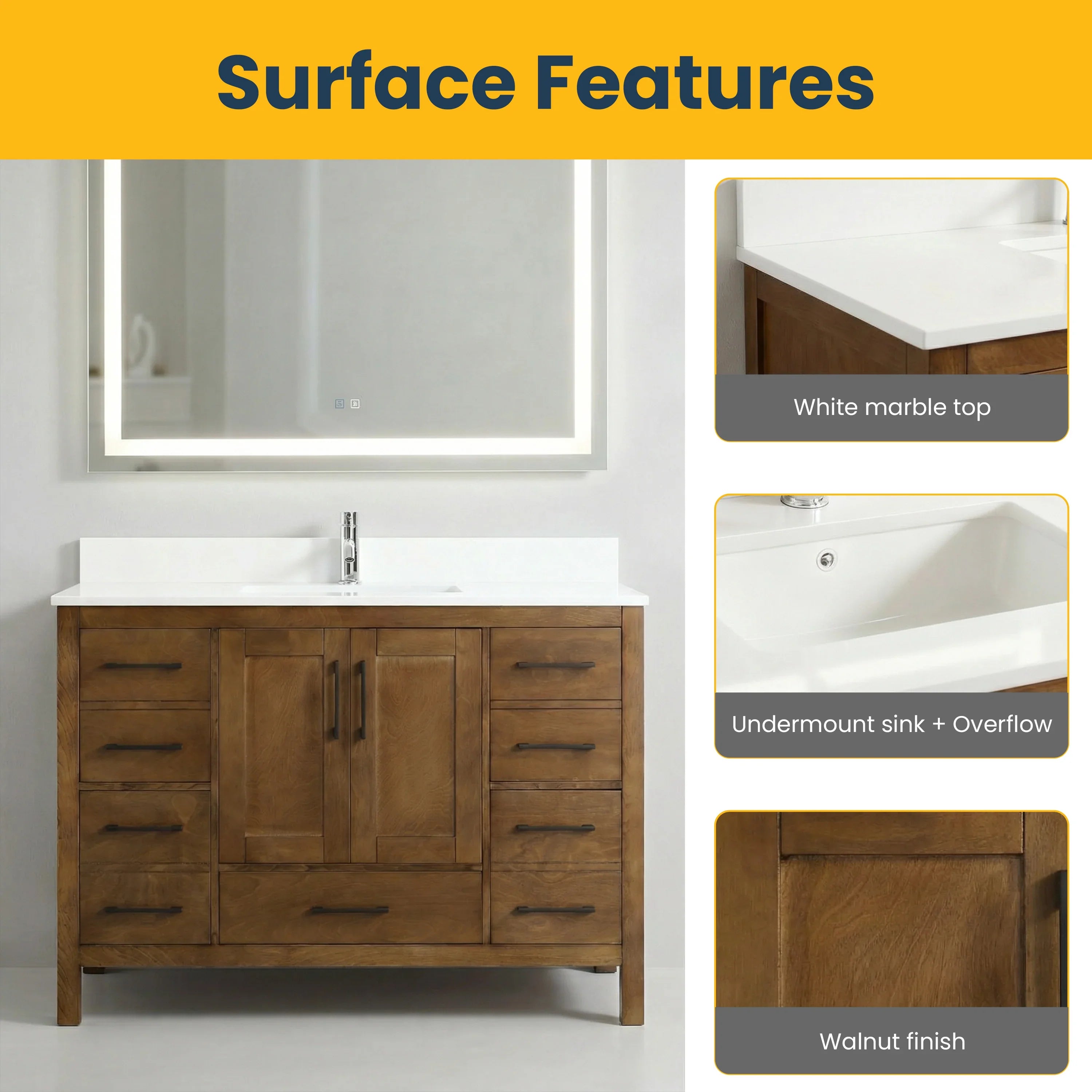 48" Walnut Freestanding Bathroom Vanity with Engineered White Marble Countertop