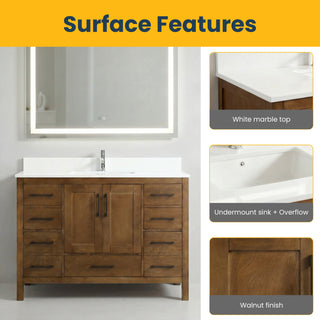 48" Walnut Freestanding Bathroom Vanity with Engineered White Marble Countertop